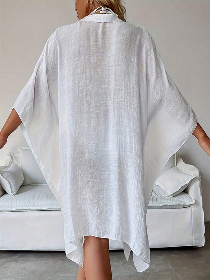 Women's Summer White Batwing Sleeve 3/4 Sleeve Blouse, Single-Breasted Shirt, Solid Color Outerwear, Comfortable Lightweight Breathable; Party Blouse, Dress, Shirt, Beach Vacation Outfit