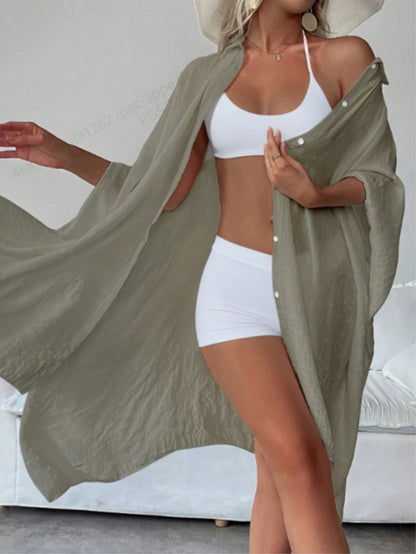 Women's Summer White Batwing Sleeve 3/4 Sleeve Blouse, Single-Breasted Shirt, Solid Color Outerwear, Comfortable Lightweight Breathable; Party Blouse, Dress, Shirt, Beach Vacation Outfit