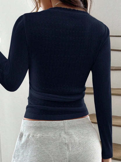 Women's Sweet Lace Trim Long Sleeve T-Shirt,Slim Fit 3-Button Casual White Tee Tops For Autumn,Navy Blue Elegant Date Summer Fall Cloth For Women