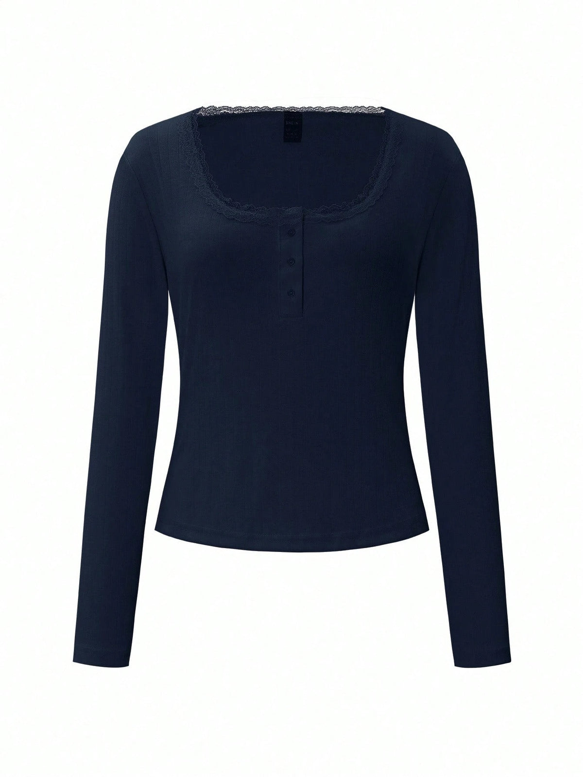 Women's Sweet Lace Trim Long Sleeve T-Shirt,Slim Fit 3-Button Casual White Tee Tops For Autumn,Navy Blue Elegant Date Summer Fall Cloth For Women