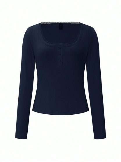 Women's Sweet Lace Trim Long Sleeve T-Shirt,Slim Fit 3-Button Casual White Tee Tops For Autumn,Navy Blue Elegant Date Summer Fall Cloth For Women