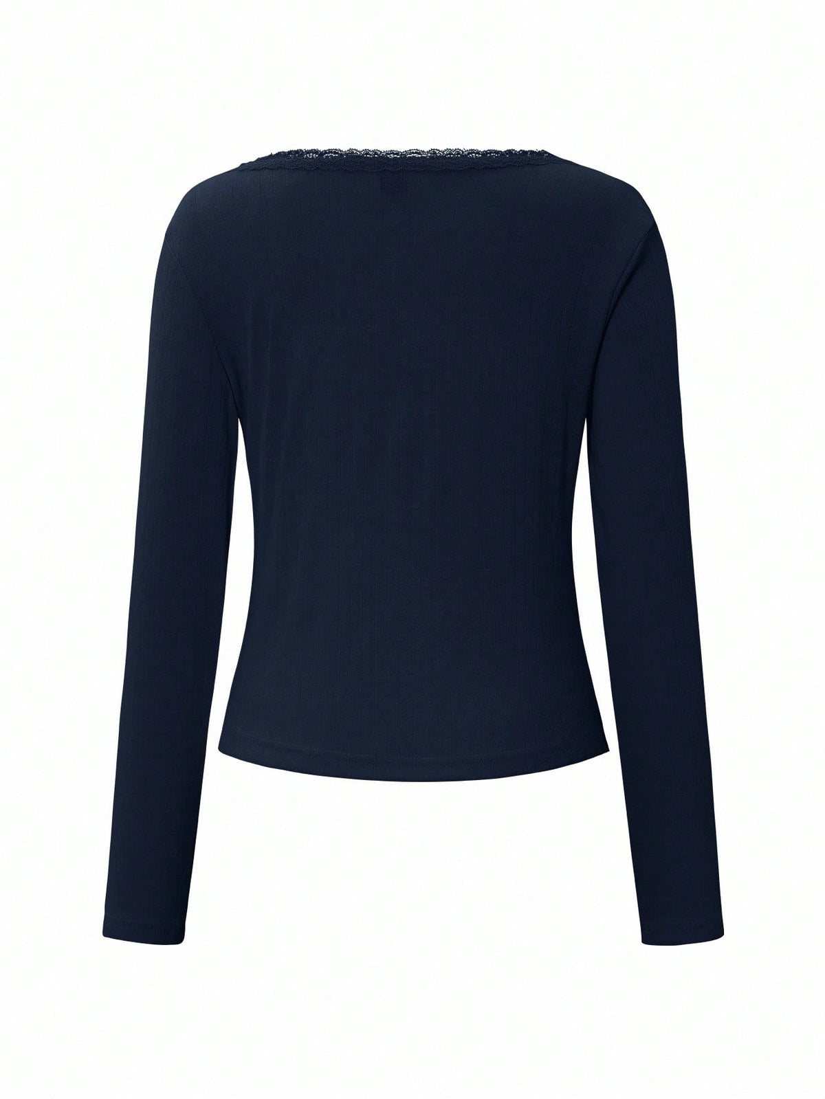 Women's Sweet Lace Trim Long Sleeve T-Shirt,Slim Fit 3-Button Casual White Tee Tops For Autumn,Navy Blue Elegant Date Summer Fall Cloth For Women