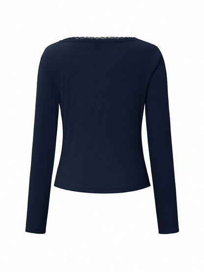 Women's Sweet Lace Trim Long Sleeve T-Shirt,Slim Fit 3-Button Casual White Tee Tops For Autumn,Navy Blue Elegant Date Summer Fall Cloth For Women