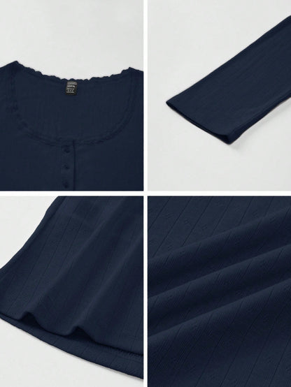 Women's Sweet Lace Trim Long Sleeve T-Shirt,Slim Fit 3-Button Casual White Tee Tops For Autumn,Navy Blue Elegant Date Summer Fall Cloth For Women