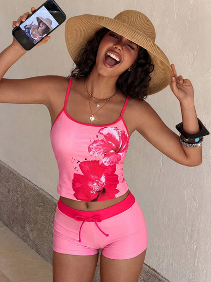 Women's Swimwear Tankini, Tropical Print Vest Bra Built-In T-Shirt Set For Vacation Back To School Tank Tops & Camis Vacation Beachwear Pink Summer