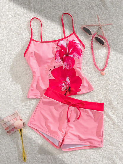 Women's Swimwear Tankini, Tropical Print Vest Bra Built-In T-Shirt Set For Vacation Back To School Tank Tops & Camis Vacation Beachwear Pink Summer