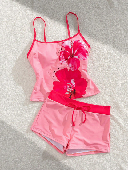 Women's Swimwear Tankini, Tropical Print Vest Bra Built-In T-Shirt Set For Vacation Back To School Tank Tops & Camis Vacation Beachwear Pink Summer