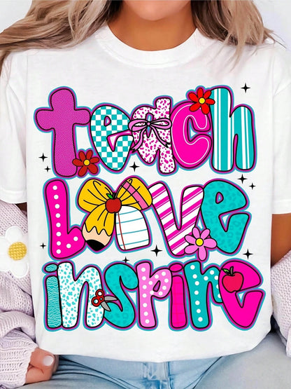 Women's Teacher T-Shirt- Teach Love Inspire Graphic Tee- Soft Breathable Cotton Shirt- Teacher Apparel With Pink,- Educator Gift For Women- Lightweight Everyday Outfit- Teacher Appreciation Pres