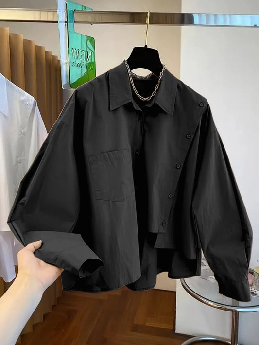 Women's Unique Asymmetric Hem Black Shirt, Spring/Summer/Autumn/Winter, Solid Color Button Pocket, Elegant Simple Casual, Commute Vacation Daily Wear