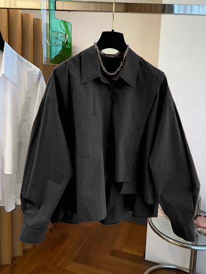 Women's Unique Asymmetric Hem Black Shirt, Spring/Summer/Autumn/Winter, Solid Color Button Pocket, Elegant Simple Casual, Commute Vacation Daily Wear