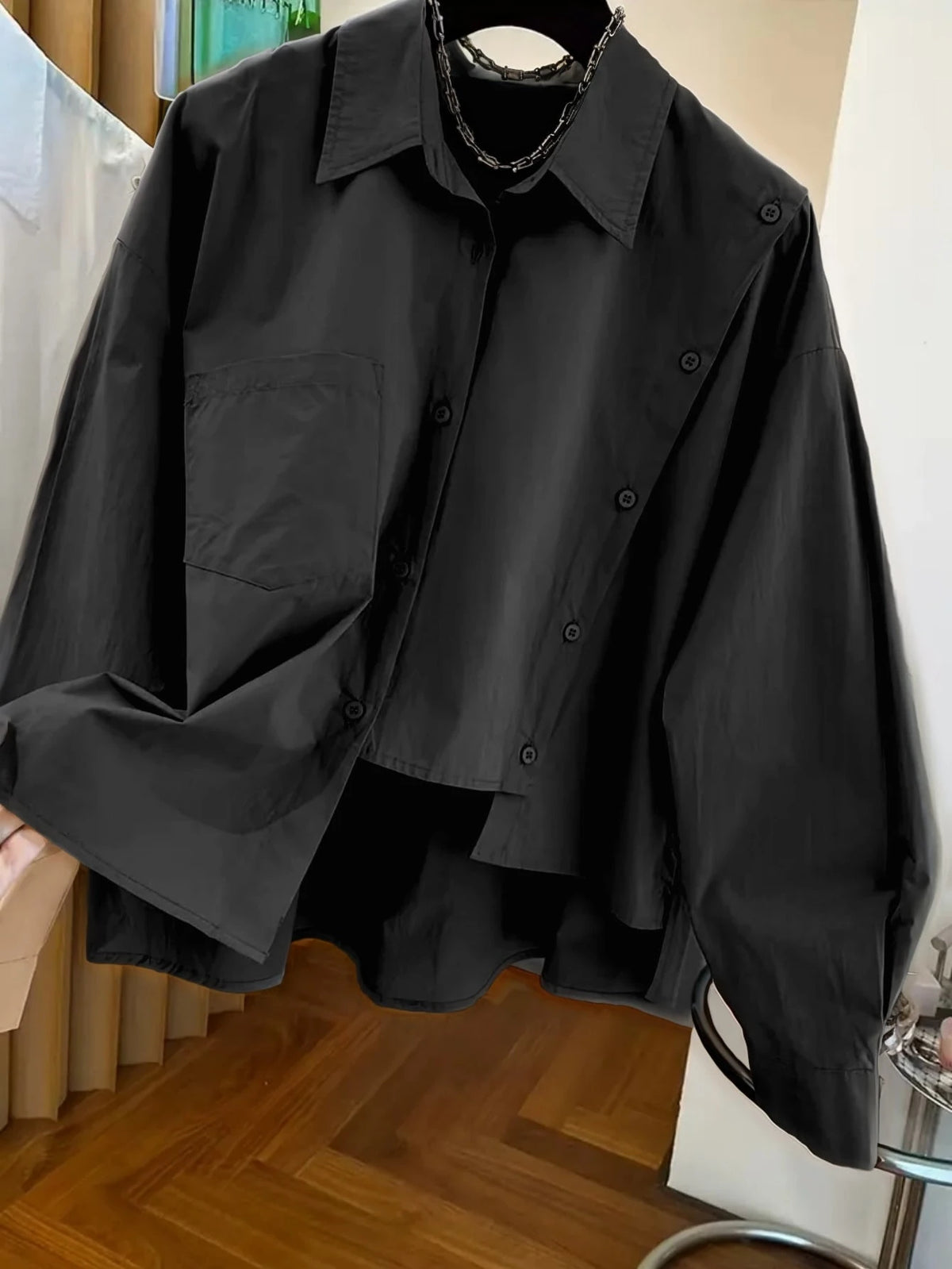 Women's Unique Asymmetric Hem Black Shirt, Spring/Summer/Autumn/Winter, Solid Color Button Pocket, Elegant Simple Casual, Commute Vacation Daily Wear