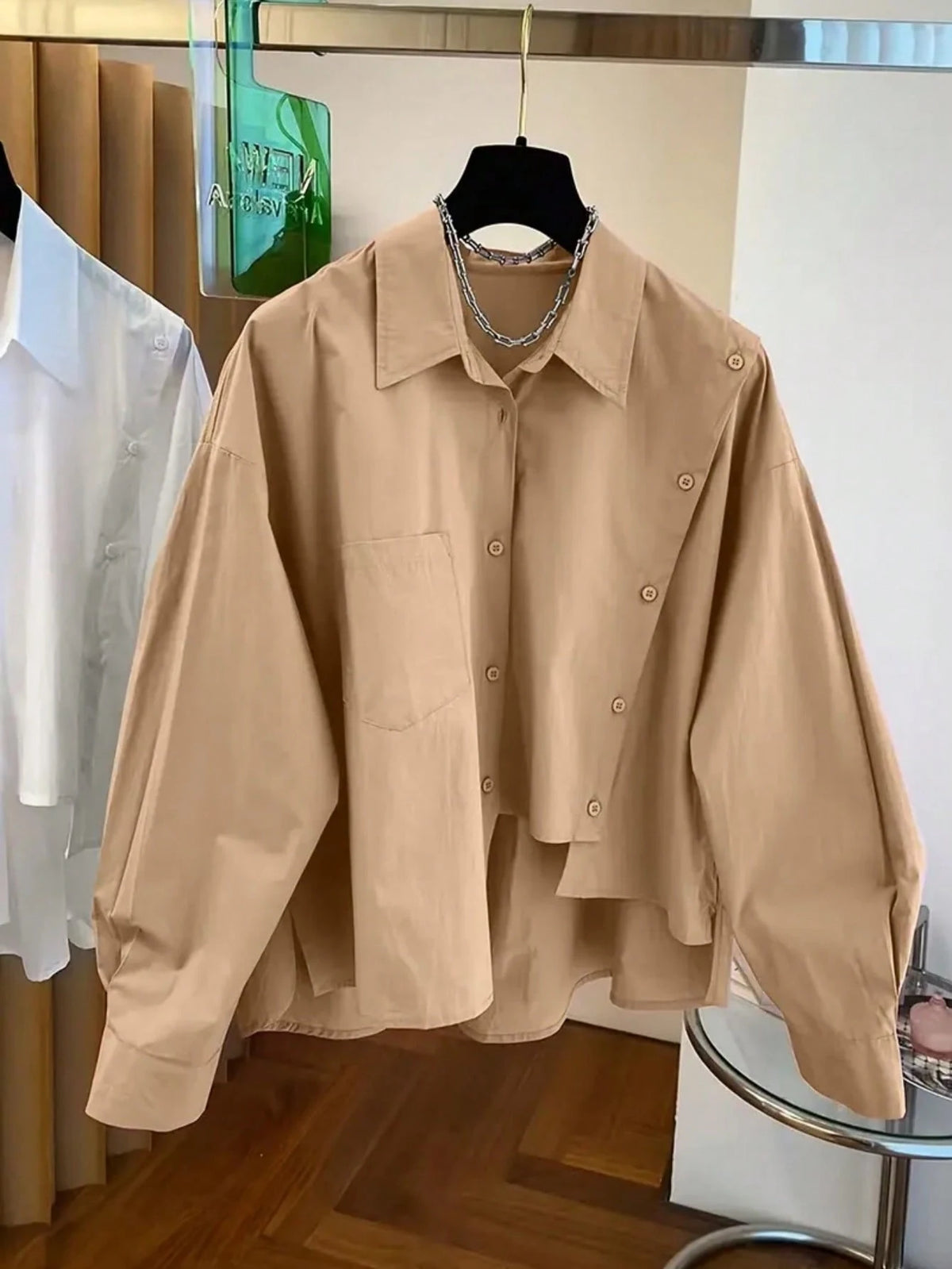 Women's Unique Asymmetric Hem Black Shirt, Spring/Summer/Autumn/Winter, Solid Color Button Pocket, Elegant Simple Casual, Commute Vacation Daily Wear