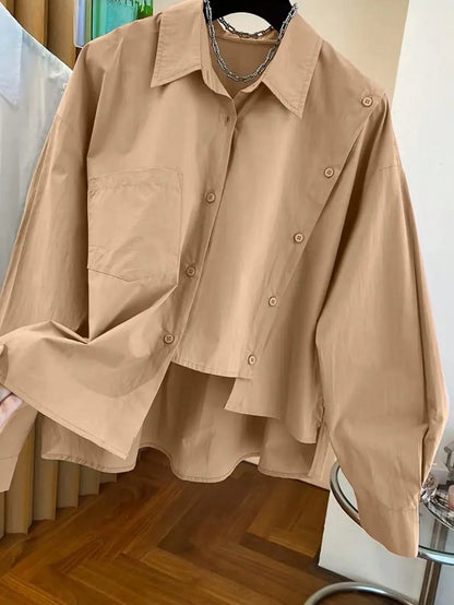 Women's Unique Asymmetric Hem Black Shirt, Spring/Summer/Autumn/Winter, Solid Color Button Pocket, Elegant Simple Casual, Commute Vacation Daily Wear