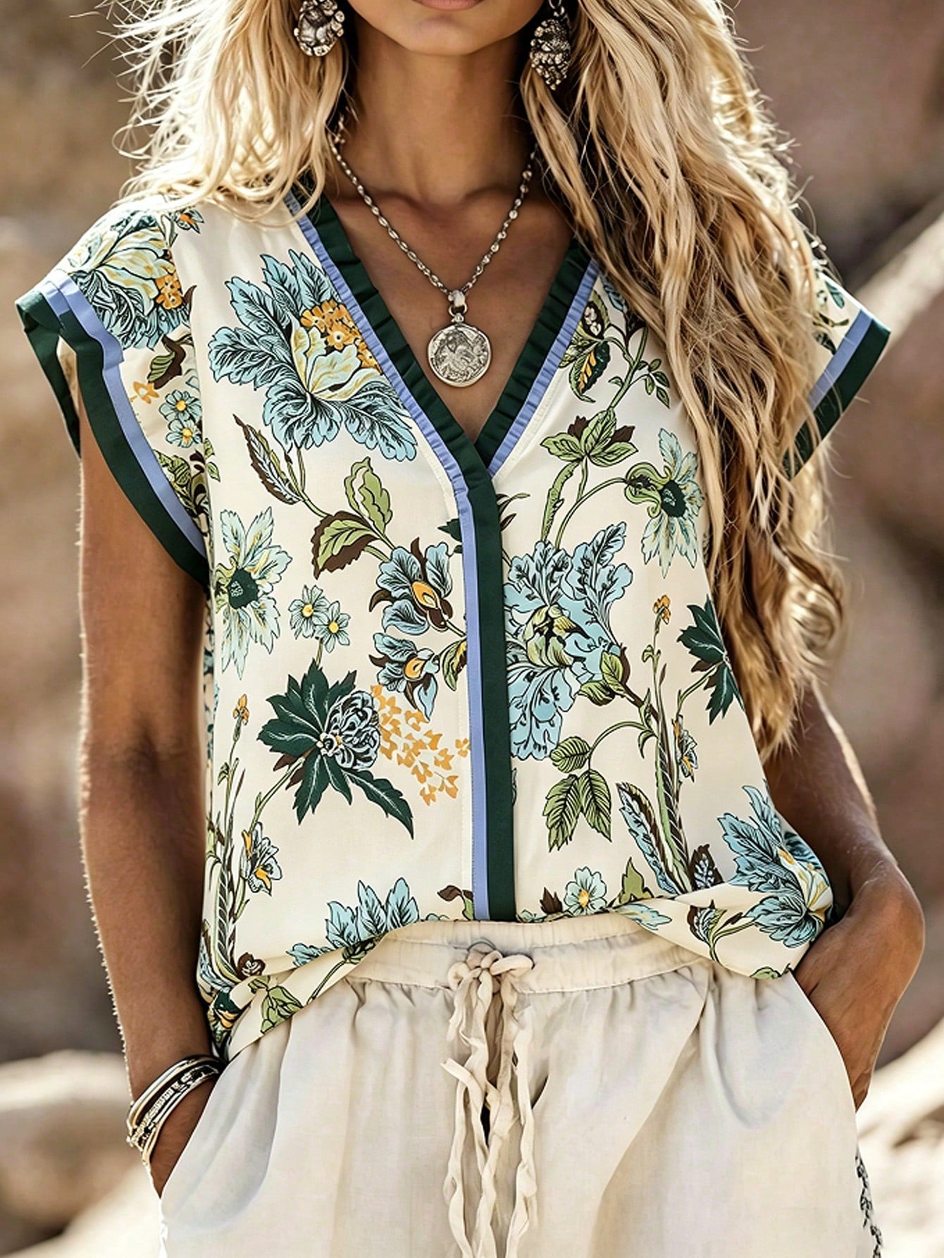 Women's V-Neck Ruffle Trim Floral Print Flutter Sleeve Blouse, Holiday Wear, Ladies' Vacation Top, Festival Vacation Beige Summer Boho