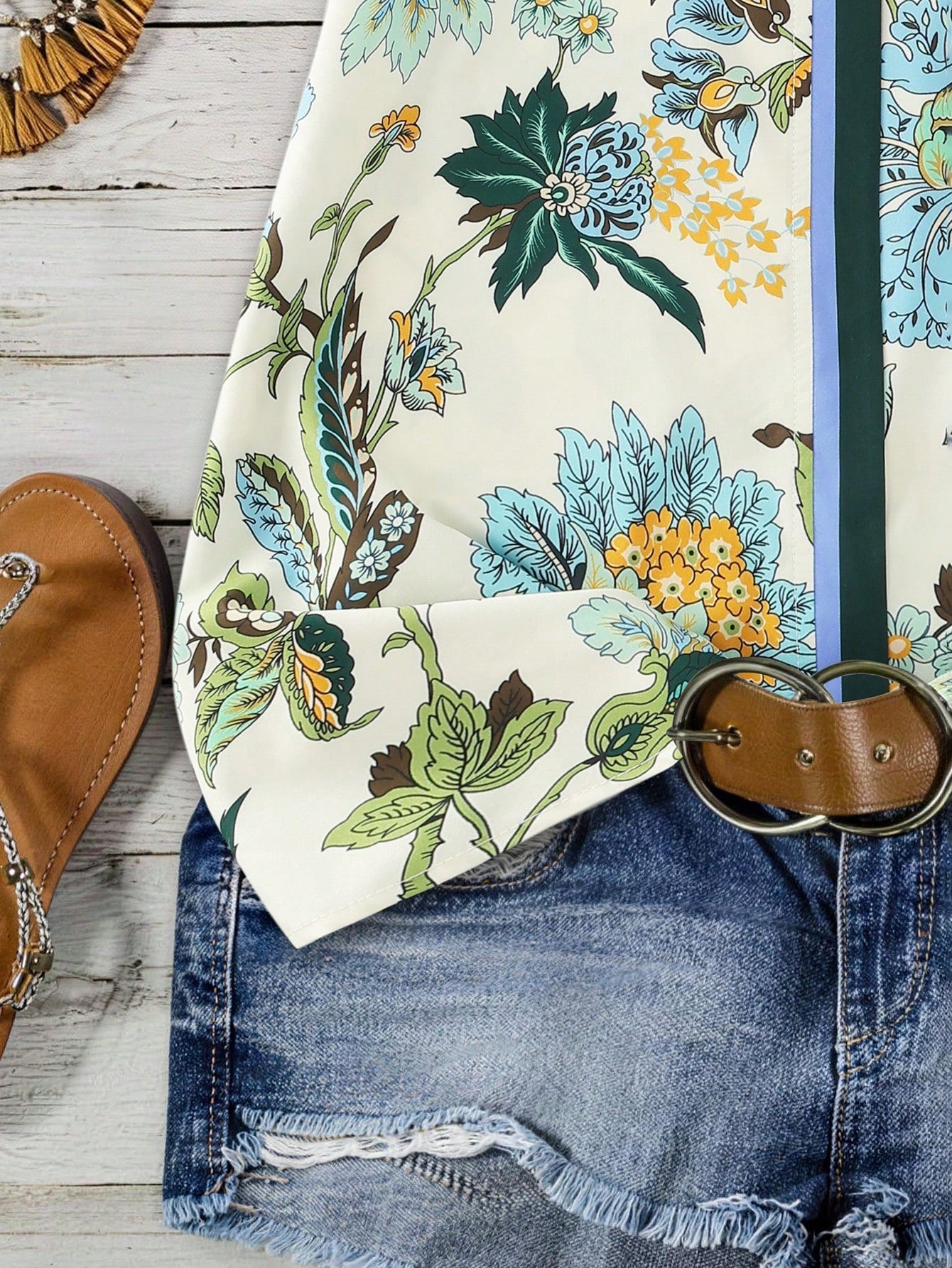 Women's V-Neck Ruffle Trim Floral Print Flutter Sleeve Blouse, Holiday Wear, Ladies' Vacation Top, Festival Vacation Beige Summer Boho