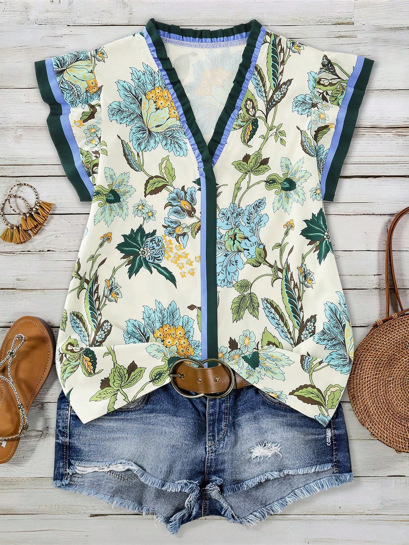 Women's V-Neck Ruffle Trim Floral Print Flutter Sleeve Blouse, Holiday Wear, Ladies' Vacation Top, Festival Vacation Beige Summer Boho