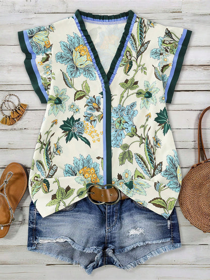 Women's V-Neck Ruffle Trim Floral Print Flutter Sleeve Blouse, Holiday Wear, Ladies' Vacation Top, Festival Vacation Beige Summer Boho