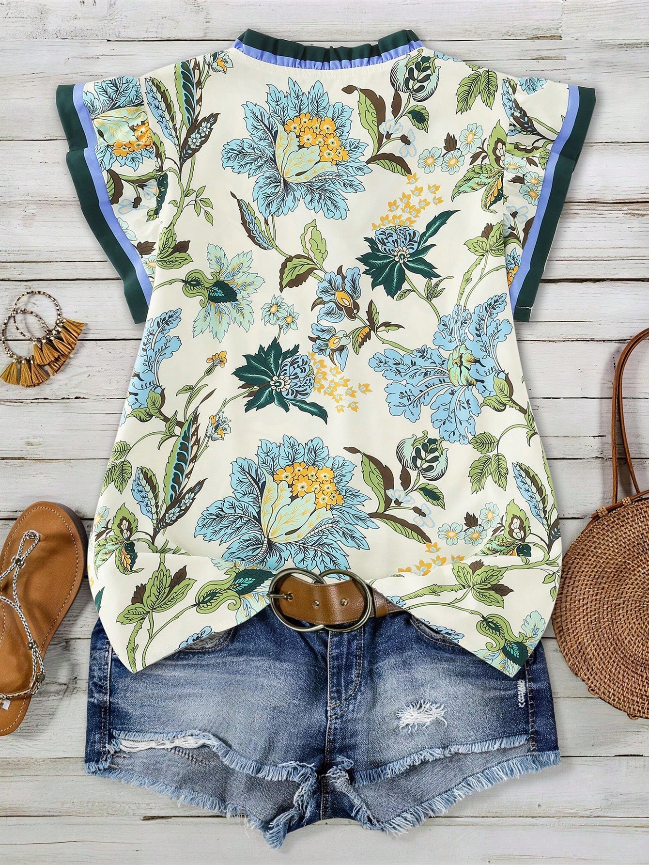 Women's V-Neck Ruffle Trim Floral Print Flutter Sleeve Blouse, Holiday Wear, Ladies' Vacation Top, Festival Vacation Beige Summer Boho