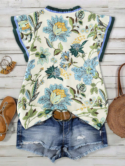 Women's V-Neck Ruffle Trim Floral Print Flutter Sleeve Blouse, Holiday Wear, Ladies' Vacation Top, Festival Vacation Beige Summer Boho