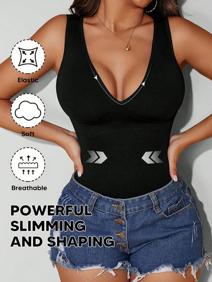 Women's V-Neck Seamless Compression Sports Shapewear Tank Top Casual Black Summer