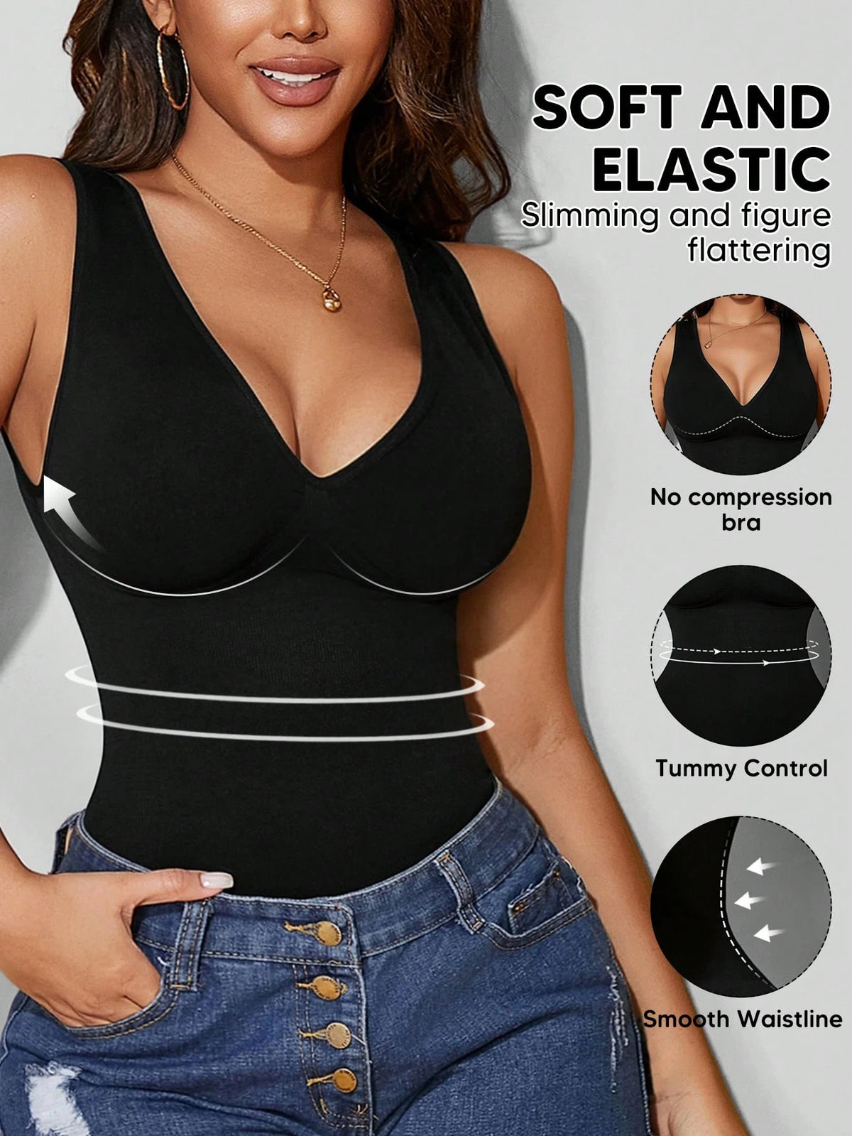 Women's V-Neck Seamless Compression Sports Shapewear Tank Top Casual Black Summer