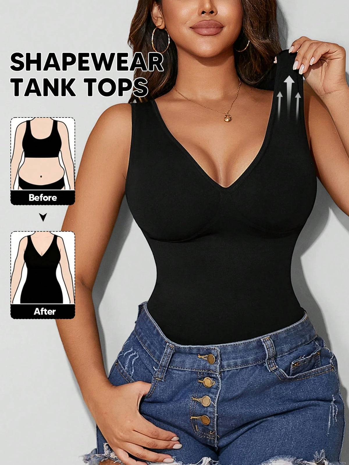 Women's V-Neck Seamless Compression Sports Shapewear Tank Top Casual Black Summer