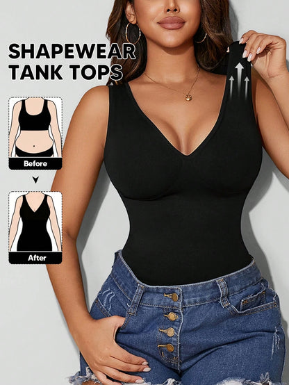 Women's V-Neck Seamless Compression Sports Shapewear Tank Top Casual Black Summer