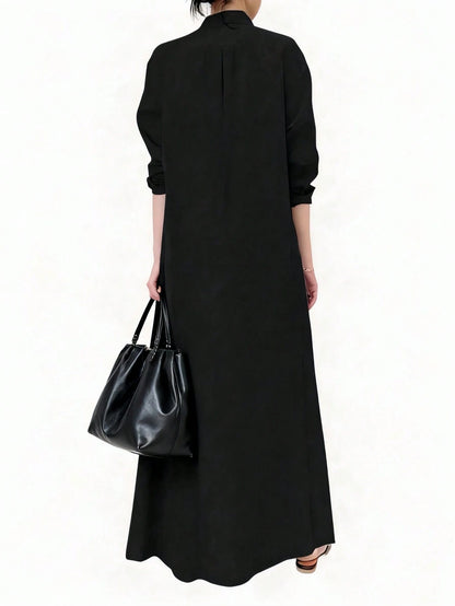 Women's Vacation Casual Solid Color Front Button Long Shirt Dress, Long Shirt Dress, Casual Black, Button Flared Hem, Long Sleeve, Collar, Minimalist Black Lapel Long Sleeve Shirt Dress, Loose Relaxed