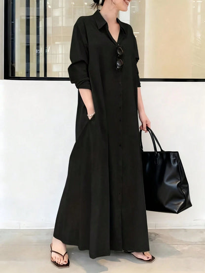 Women's Vacation Casual Solid Color Front Button Long Shirt Dress, Long Shirt Dress, Casual Black, Button Flared Hem, Long Sleeve, Collar, Minimalist Black Lapel Long Sleeve Shirt Dress, Loose Relaxed