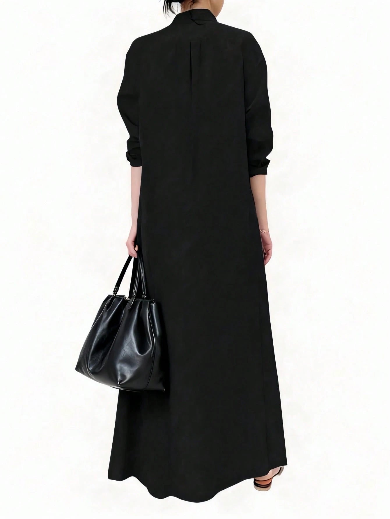Women's Vacation Casual Solid Color Front Button Long Shirt Dress, Long Shirt Dress, Casual Black, Button Flared Hem, Long Sleeve, Collar, Minimalist Black Lapel Long Sleeve Shirt Dress, Loose Relaxed
