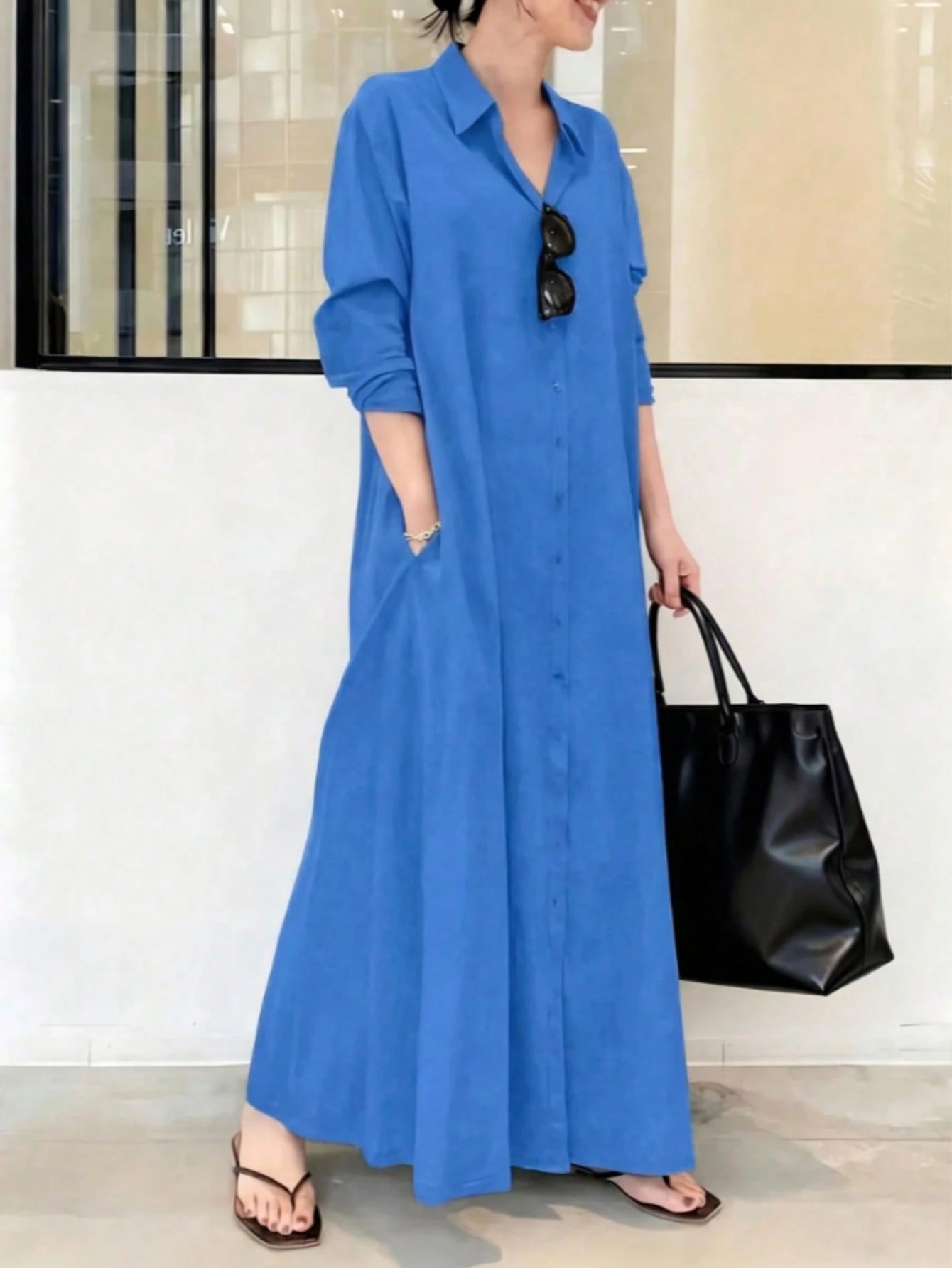 Women's Vacation Casual Solid Color Front Button Long Shirt Dress, Long Shirt Dress, Casual Black, Button Flared Hem, Long Sleeve, Collar, Minimalist Black Lapel Long Sleeve Shirt Dress, Loose Relaxed