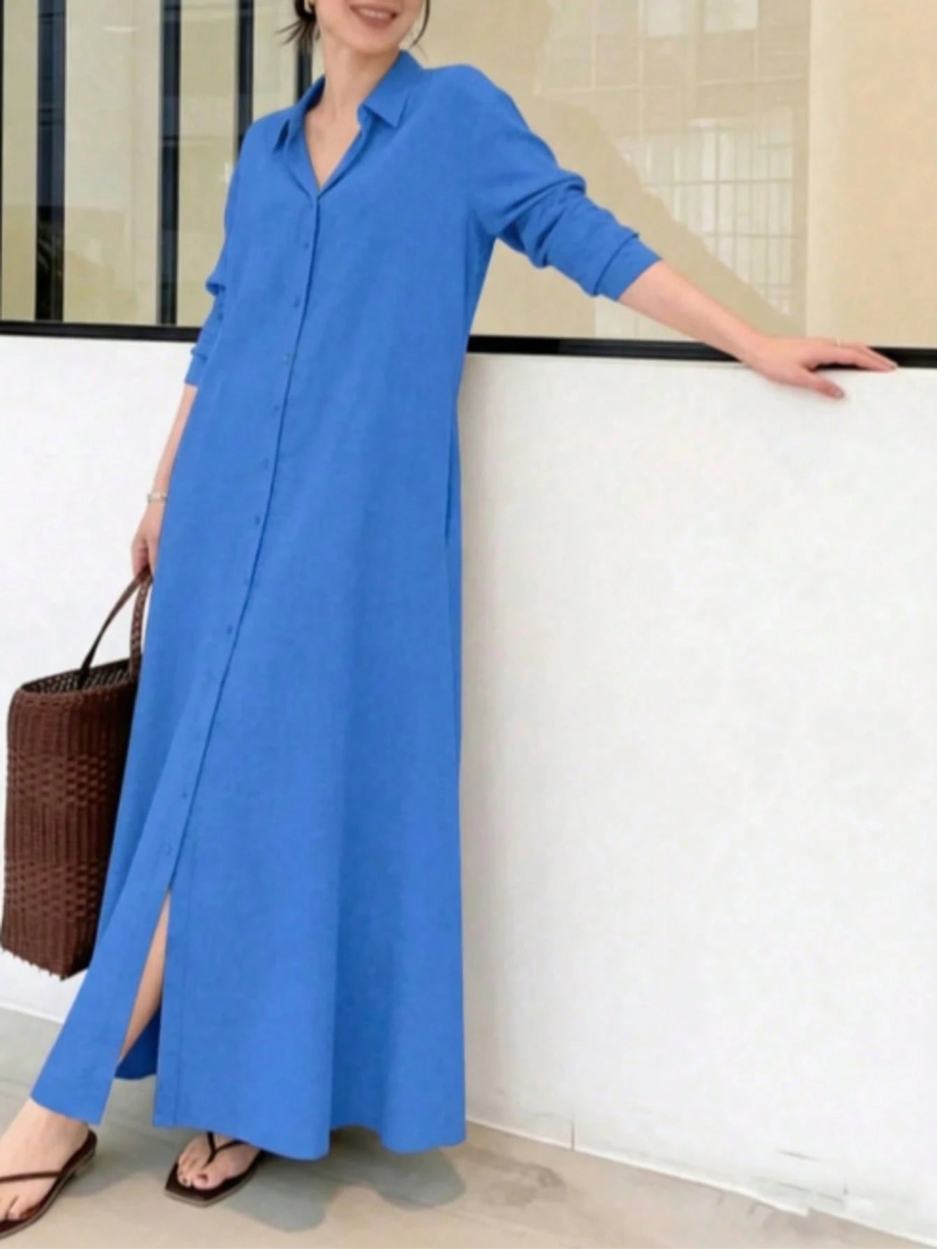 Women's Vacation Casual Solid Color Front Button Long Shirt Dress, Long Shirt Dress, Casual Black, Button Flared Hem, Long Sleeve, Collar, Minimalist Black Lapel Long Sleeve Shirt Dress, Loose Relaxed