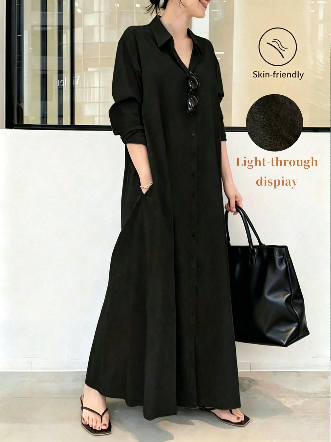Women's Vacation Casual Solid Color Front Button Long Shirt Dress, Long Shirt Dress, Casual Black, Button Flared Hem, Long Sleeve, Collar, Minimalist Black Lapel Long Sleeve Shirt Dress, Loose Relaxed