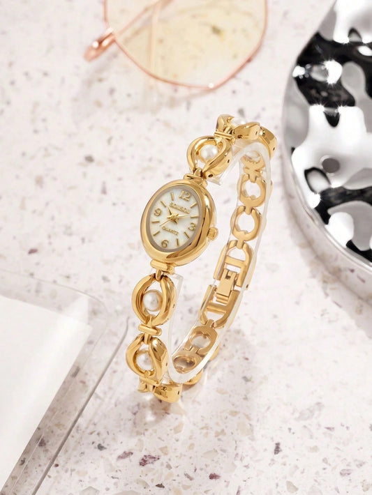 Women's Vintage Luxury Pearl Fashion Elegant Oval Case Rhinestone Inlaid Mixed Dial Quartz Bracelet Watch, Electronic Drive And Pointer Display, Suitable For Daily Wear, Back To School, Time Checking