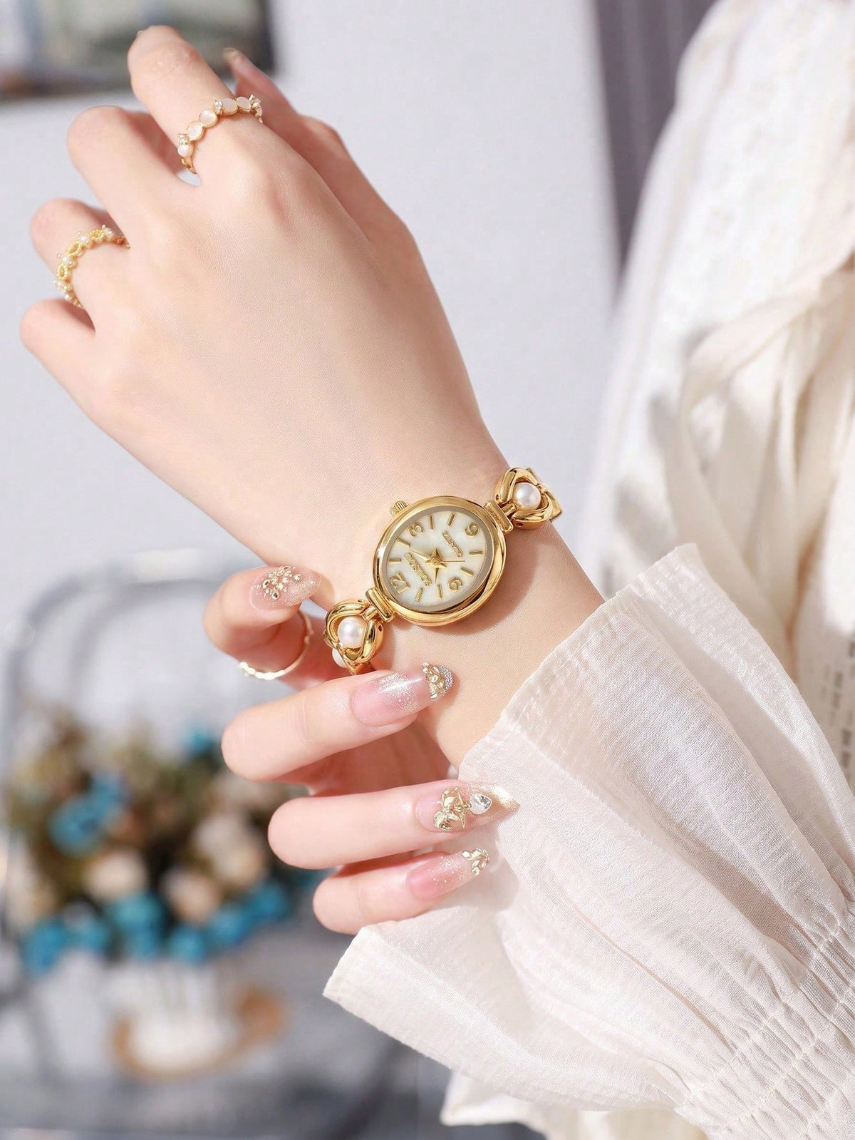 Women's Vintage Luxury Pearl Fashion Elegant Oval Case Rhinestone Inlaid Mixed Dial Quartz Bracelet Watch, Electronic Drive And Pointer Display, Suitable For Daily Wear, Back To School, Time Checking