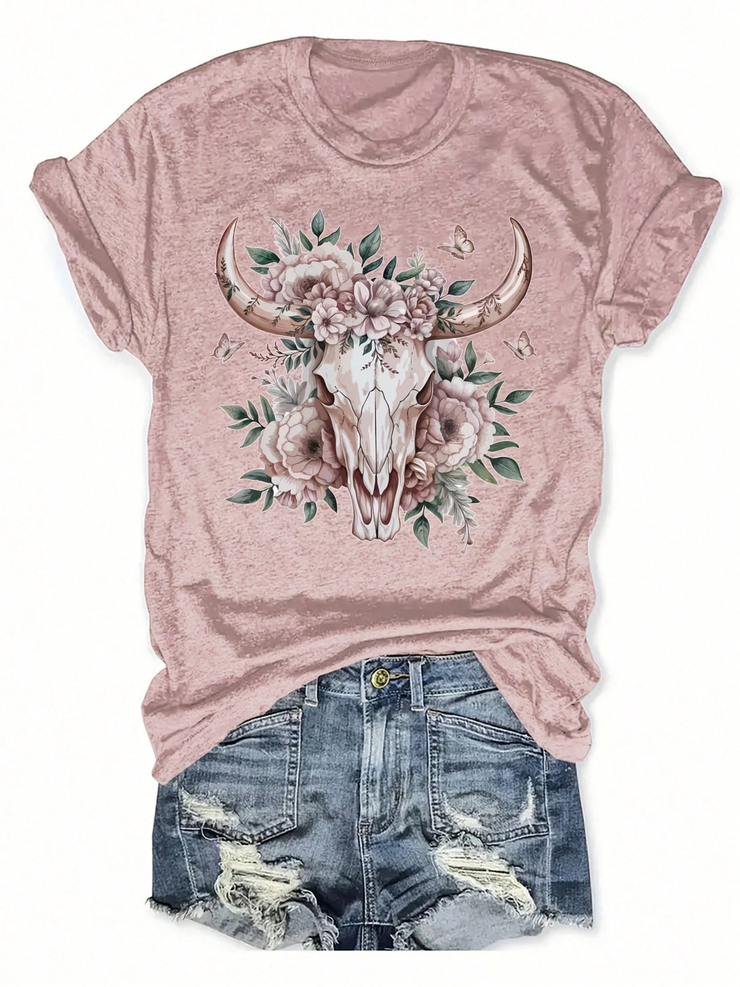 Women's Vintage Western Cow Skull Floral Print Round Neck T-Shirt- Lavender Color Casual Short Sleeve Top