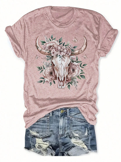 Women's Vintage Western Cow Skull Floral Print Round Neck T-Shirt- Lavender Color Casual Short Sleeve Top