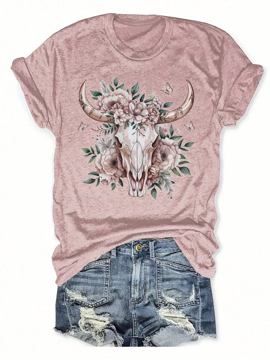 Women's Vintage Western Cow Skull Floral Print Round Neck T-Shirt- Lavender Color Casual Short Sleeve Top