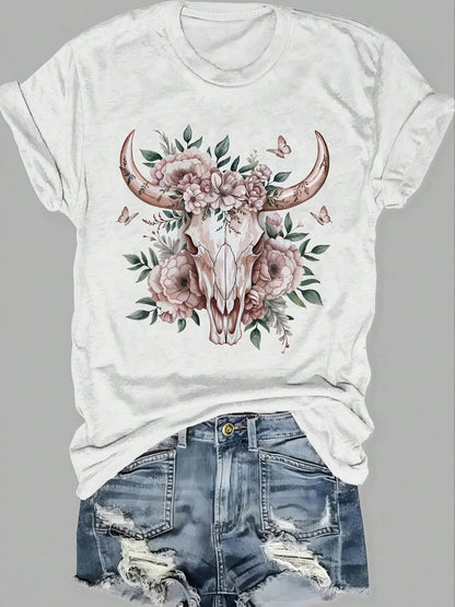 Women's Vintage Western Cow Skull Floral Print Round Neck T-Shirt- Lavender Color Casual Short Sleeve Top