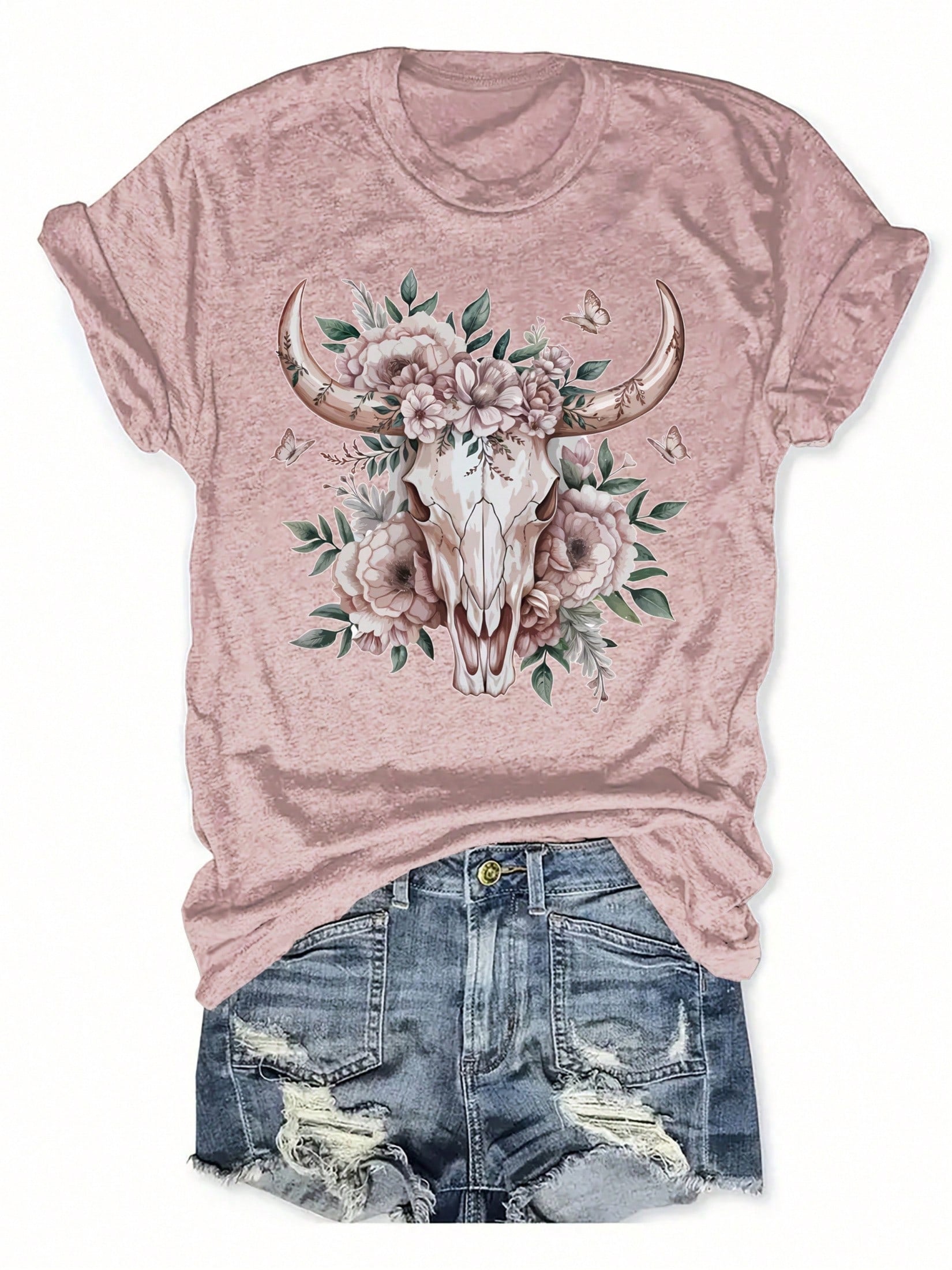 Women's Vintage Western Cow Skull Floral Print Round Neck T-Shirt- Lavender Color Casual Short Sleeve Top