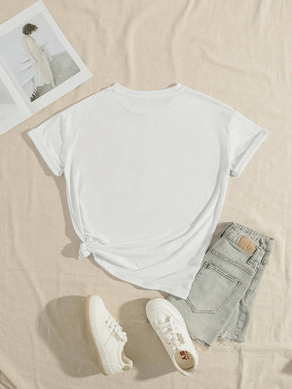 Women's White Crew Neck Short Sleeve T-Shirt With Spanish Slogan Print, Casual Regular Length Knit Top Summer