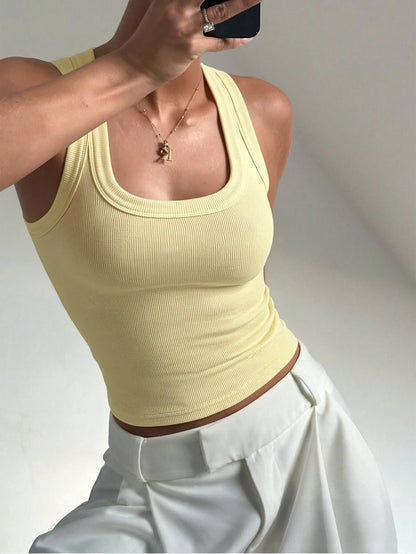Women's Y2K Sexy Basic Casual Sports Homewear Square Neck Top, Summer Yellow