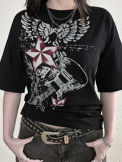 Women's Y2K Vintage Style Guitar Graphic Print Short Sleeve Crew Neck Pullover T-Shirt Casual Black Summer