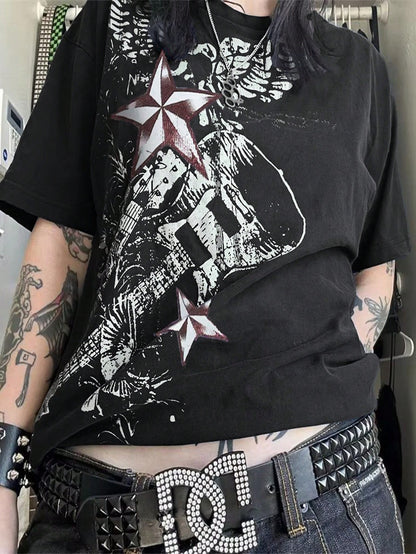 Women's Y2K Vintage Style Guitar Graphic Print Short Sleeve Crew Neck Pullover T-Shirt Casual Black Summer