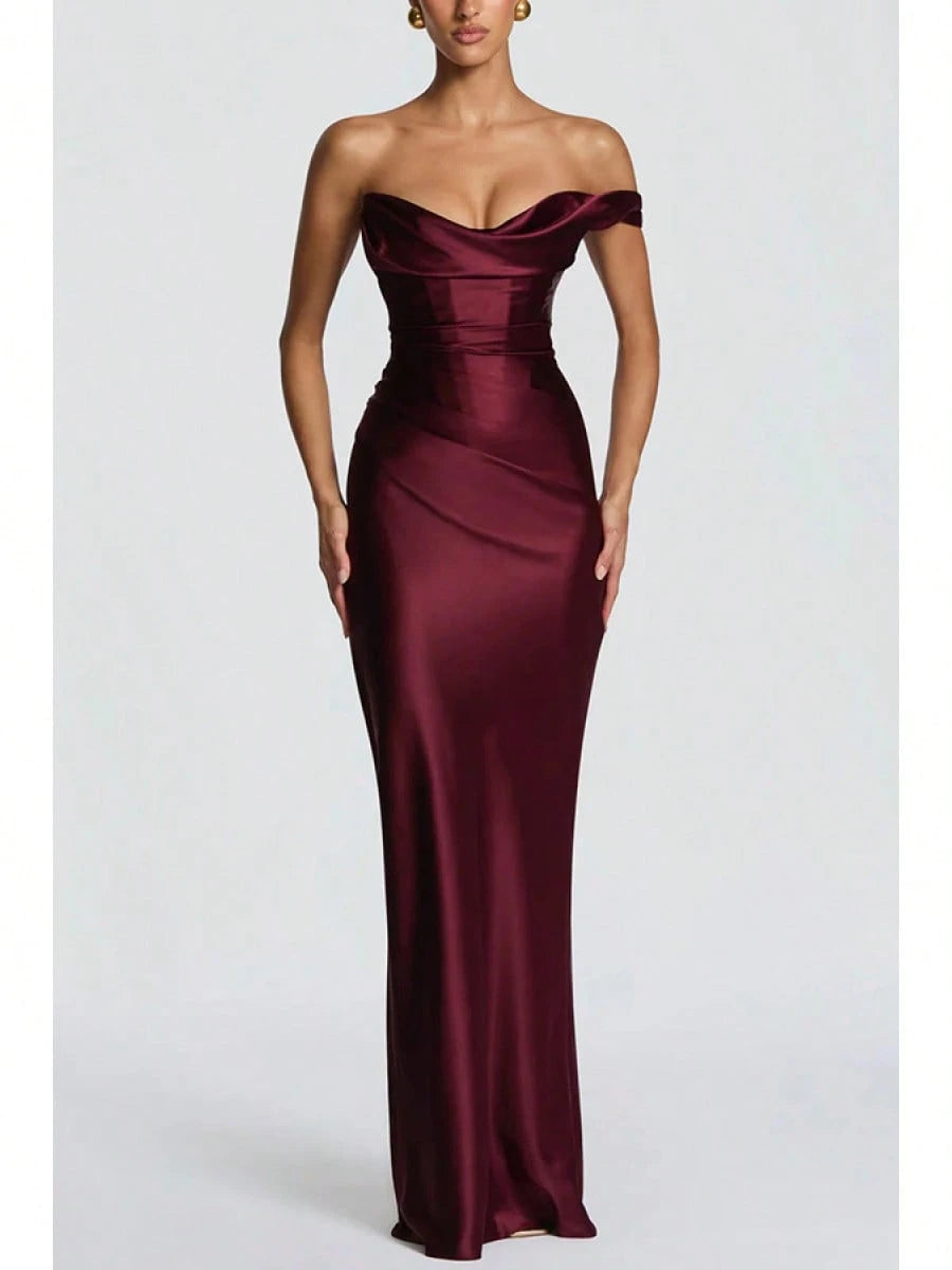 Women Satin One Shoulder Bodycon Maxi Dress Elegant Evening Party Gown