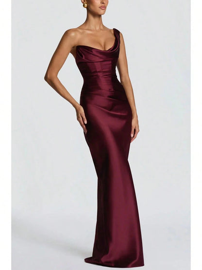 Women Satin One Shoulder Bodycon Maxi Dress Elegant Evening Party Gown
