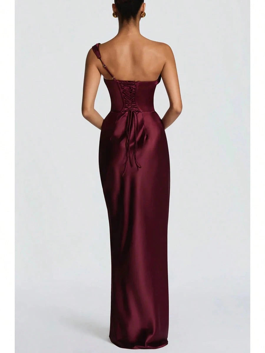 Women Satin One Shoulder Bodycon Maxi Dress Elegant Evening Party Gown