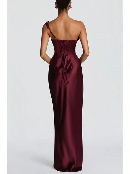 Women Satin One Shoulder Bodycon Maxi Dress Elegant Evening Party Gown