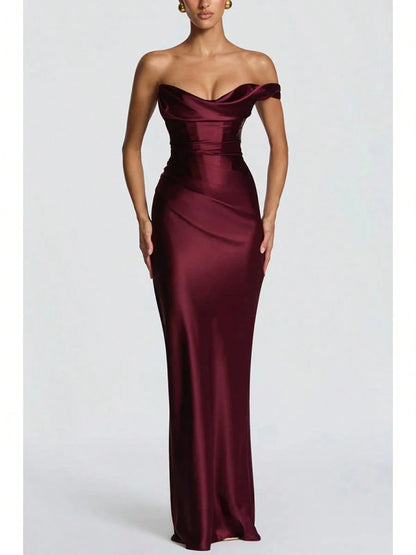 Women Satin One Shoulder Bodycon Maxi Dress Elegant Evening Party Gown
