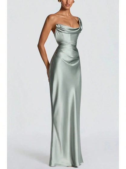Women Satin One Shoulder Bodycon Maxi Dress Elegant Evening Party Gown